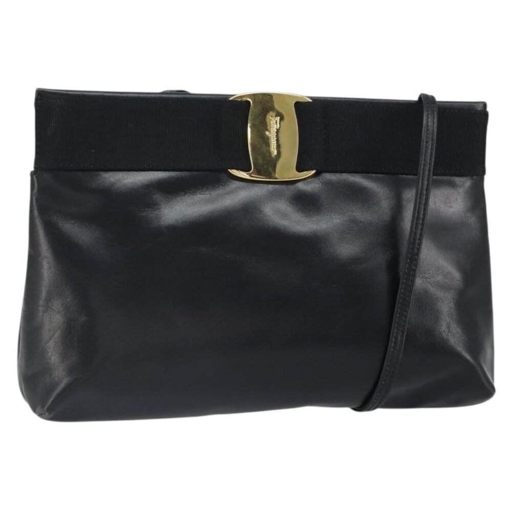 Authentic Salvatore Ferragamo Shoulder Bag Leather Black Gold